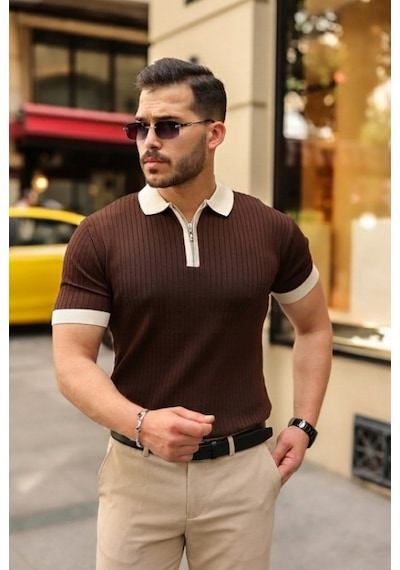 Efnaz Style Erkek Yaka Ve Kol Detaylı Fermuar Yakalı Çizgi Desen Kısa Kollu Triko Tişört Kahverengi