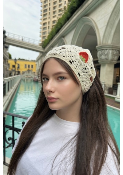 Kadın Yazlık Çilek Nakışlı Örgü Bandana Günlük Bohem Saç Aksesuarı Ekru