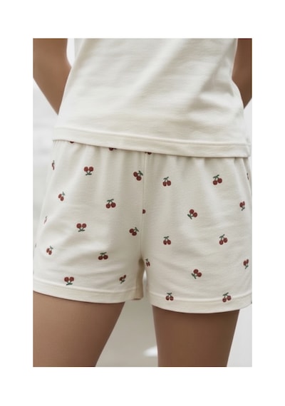 Feg Store Kadın Ekru Kiraz Ve Çiçek Desenli Şortlu Sıfır Kollu Alt Üst Pijama Takımı