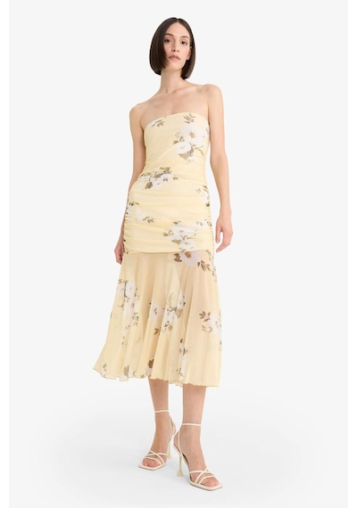 DeFacto Coool Bodycon Vücudu Saran Straplez Çiçek Desenli Tül Maxi Elbise F5577AX25SMYL272