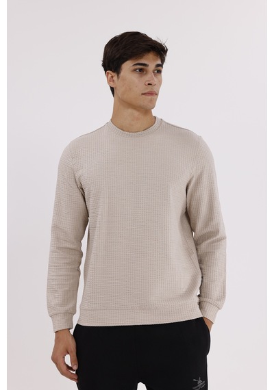 Rowinger Petek Yüzeyli Bisiklet Yaka Rahat Kalıp Lastik Manşetli Mevsimlik Sweatshirt Beıge