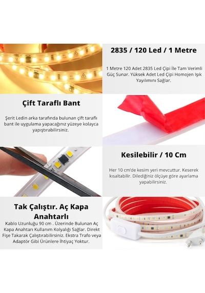 Şerit Led Gün Işığı 220v Yüksek Parlaklık 120 Led/m Tak Çalıştır Fişli Anahtarlı Silikonlu İç/dış M 5 Metre