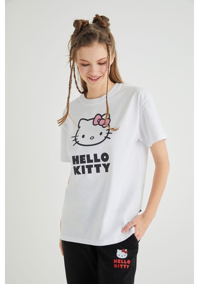 Hello Kitty Lisanslı Baskılı Basic Beyaz T-shirt Kalıp Pamuk Renkli
