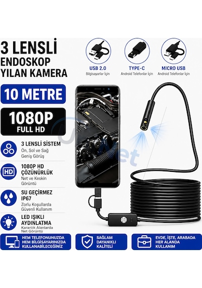 Uninet Türkiyede Ilk 10 Metre 3 Kameralı Android Ve Bilgisayar Uyumlu Endoskop Yılan Kamera 1080p Full Hd