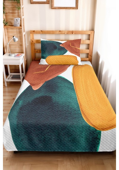 Geometrik Yeşil Genç Odası Tek Kişilik Pike Takımı - Hardal Kiremit 160x220 Cm Kapitone Yatak Örtüsü Altın