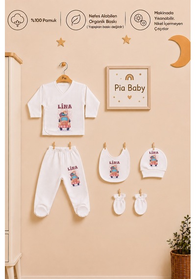 Pia Baby Kişiye Özel %100 Pamuk 5 Parça Kız Bebek Zıbın Seti 2075z3x Krem