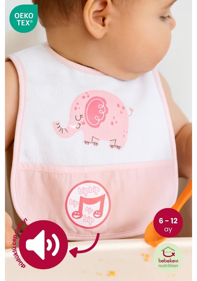 Düdüklü Cepli Sıvama Mama Önlüğü - Mutlu Fil Pembe Bebek Önlüğü Açık Pembe