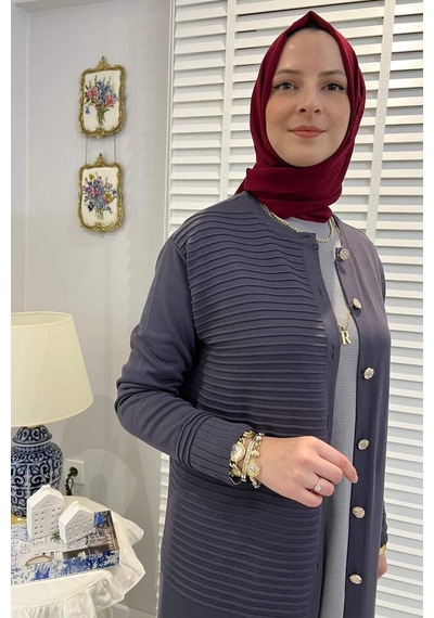 Rabia Şamlı Manolya Antrasit Triko Hırka Normal