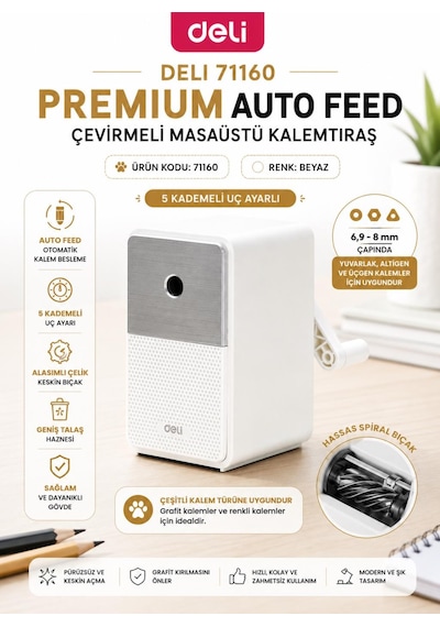 Deli 71160 Premium Auto Feed Çevirmeli Masaüstü Kalemtıraş Beyaz 5 Kademe Uç Ayarlı