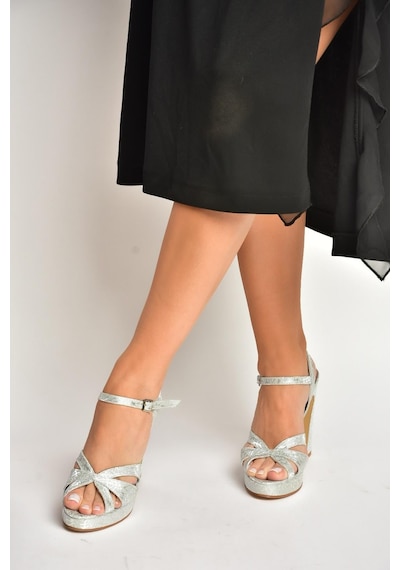 Fox Shoes Y246170214 Gümüş Sim Kalın Platform Topuklu Abiye Ayakkabı