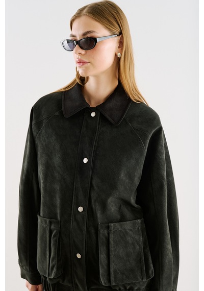 Manuka Deri Garni Yakalı Oversize Mont Siyah Aw26mnt00002-01