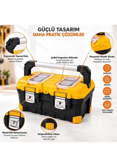 20 İnç Alüminyum Saplı Metal Kilitli Takım Sandığı, Takım Çantası, Üst Organizerli Takım Çantası, Tornavi Genel