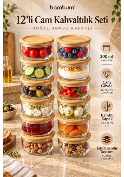 Bambum 12'li Bambu Kapaklı Cam Kahvaltılık Seti 300 Ml - Vakumlu Saklama Kabı Ve Kahvaltılık Seti