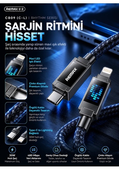 Remax Cb09-cl Rhythm Serisi 30w Type-c To Lightning Mavi Led Işıklı Örgülü Hızlı Şarj Ve Data Kablosu 1.2 Metre