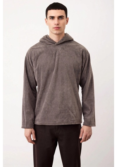 Benerly Erkek Kapüşonlu Standart Kol Fitilli Kadife Oversize Kalıp Sweats Antrasit