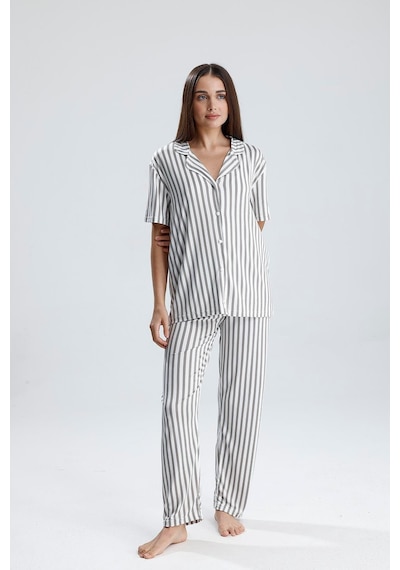 Kompedan Kadın Önden Düğmeli Pijama Takım Gri Çizgili Çzg Gri