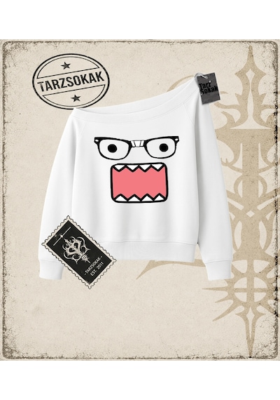 Tarzsokak Gotik & Grunge Streetwear Panic Caricature Unisex Kayık Yaka Sweatshirt Beyaz