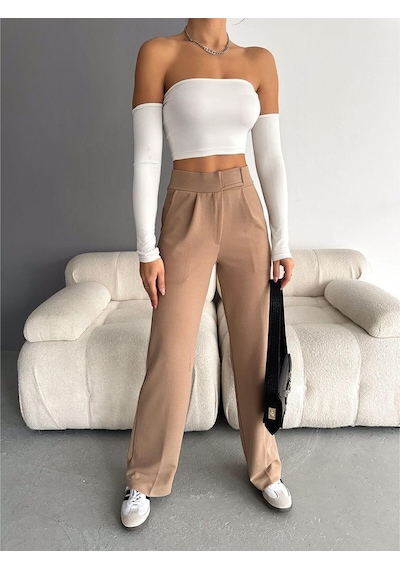 Nevege Butik Nevege Beli Cırtlı Likralı Krep Kumaş Palazzo Pantolon Camel