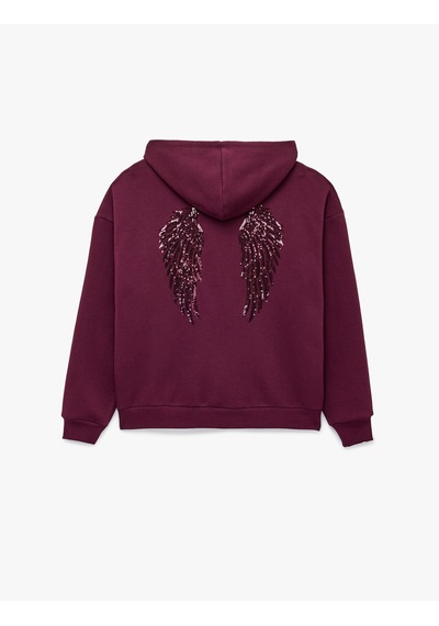 Koton Pullu Payetli Dansçı Sweatshirt Melek Kanat Detaylı Kapüşonlu Rahat Kalıp Fermuarlı Mürdüm 7wal10495ık Mor