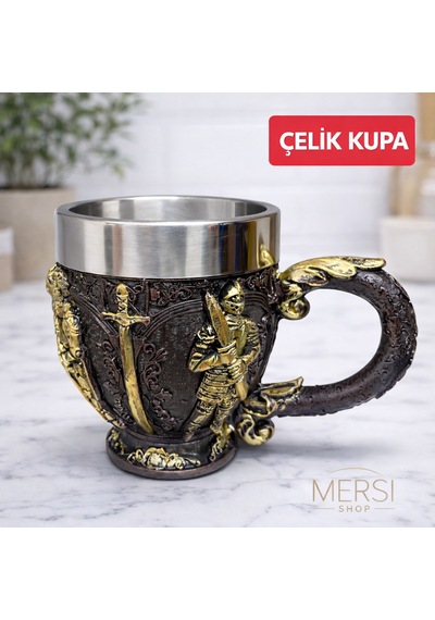 Şövalye Kabartmalı 3d Paslanmaz Çelik Kupa Bardak Orta Çağ Temalı Dekoratif Kupa Altın - Gümüş