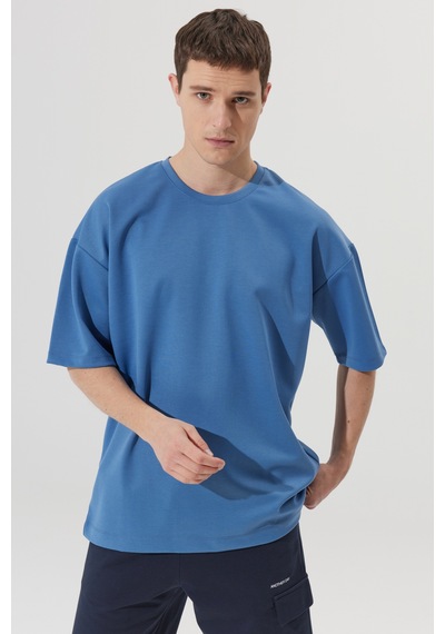 AC&Co / Altınyıldız Classics Erkek İndigo Oversize Fit Bol Kesim Bisiklet Yaka Kısa Kollu Sweatshirt Tişört 4A5222200206INDXL İndigo