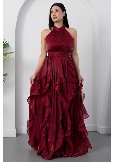 Kalopya Halter Yaka Eteği Fırfırlı Saten Elbise Eli6073 Bordo