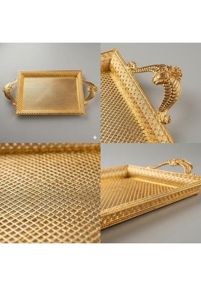 Gold Renk Ayaklı Tepsi Orta Boy Lkm-107 Gold - Lüks Sunum Tepsisi Gümüş