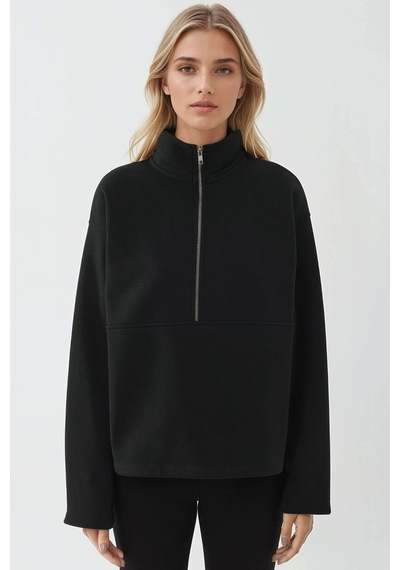 Hiccup Rahat Kesim Uzun Kollu Fermuarlı Sweatshirt Siyah