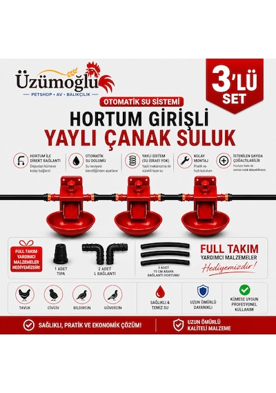 3 Adet Hortum Girişli Yaylı Çanak Suluk Otomatik Tavuk Civciv Suluk Sistemi