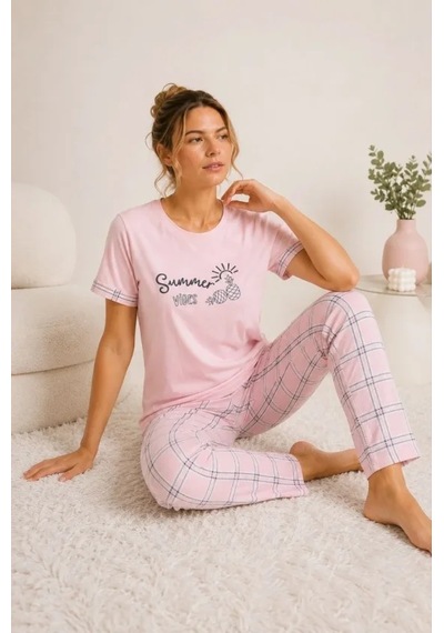 Modi Pamuklu Penye Summer Baskılı Kısa Kollu Pijama Takımı Ekose Desenli - Pembe