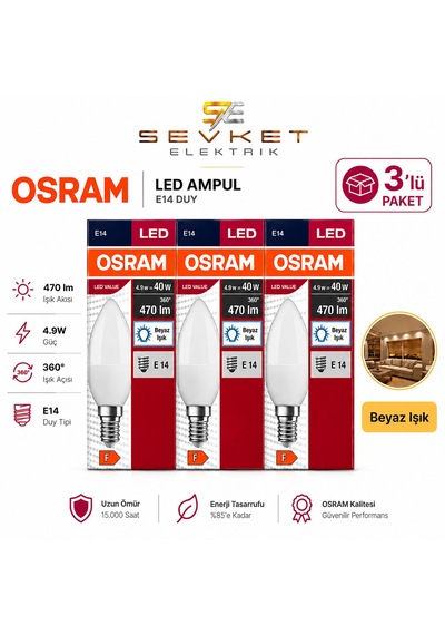 Osram 4.9w 40w 3'lü Paket Led Mum Ampul Beyaz Işık-6500k E14 3 Adet