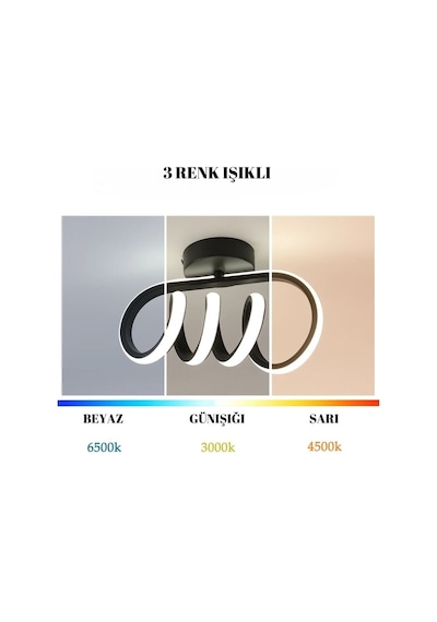 Burgu Siyah Tavana Sıfır 3 Renk Işıklı Led Avize Siyah