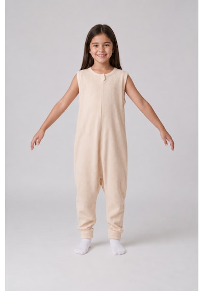 Babyhola 1 Tog Yazlık Çocuk Uyku Tulumu 1-8 Yaş Unisex Kısa Kollu %100 Pamuk Waffle 2702 Bej
