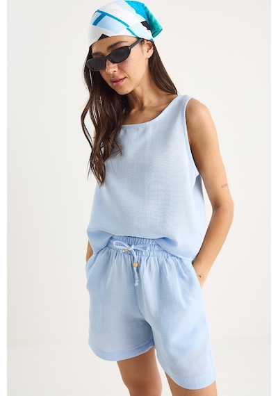 Shade Kadın Kalın Askılı Bluz Beli Lastikli Cep Dataylı Şort Müslin Takım 3310 60283414 - Bebe Mavisi