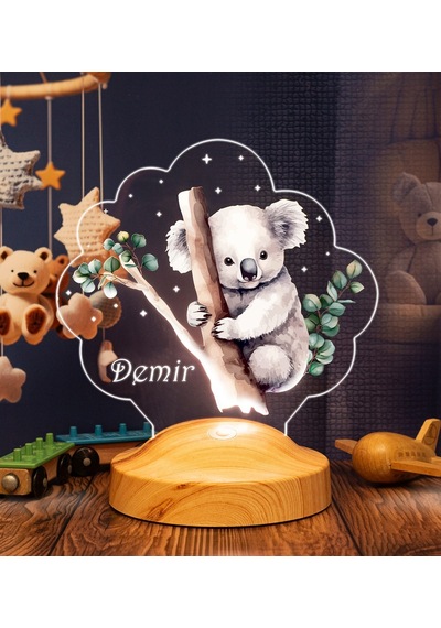 Sevimli Ağaca Sarılan Koala Tasarımlı İsimli Çocuk Odası Gece Lambası, Koala Görselli Bebek Doğum Günü Hediyesi Led Lamba