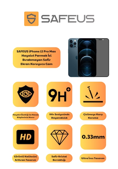 Safeus Tam Kaplayan Hayalet Parmak İzi Bırakmayan Safir Ekran Koruyucu Cam , Apple Uyumlu iPhone 12 Pro Max İle