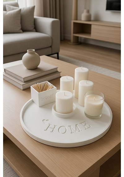 25 Cm Özel Tasarım "home" Temalı Yuvarlak Dekoratif Tepsi / Mum Tepsisi / Biblo Tepsisi Beyaz