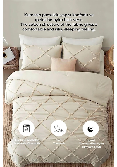 Evlen Home Pamuklu Aimar Yatak Örtüsü Takımı Çift Kişilik Günlük Boho 3 Parça Elyaf Dolgulu Bej Bej