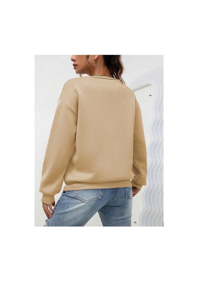 Kadın Düz Bisiklet Yaka 3 İplik Sweatshirt - Bej