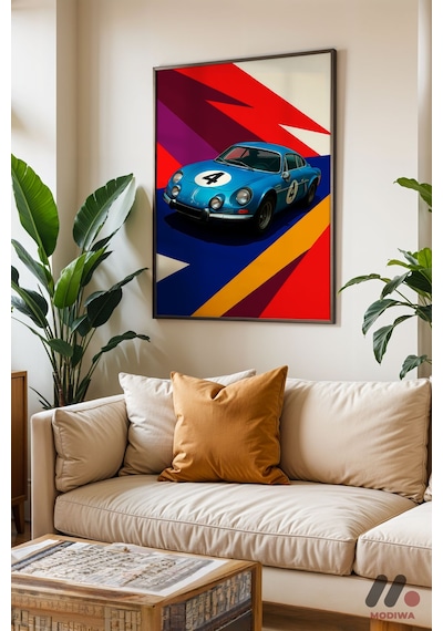 Mavi Ralli Arabası Pop Art, Siyah Çerçeveli Duvar Tablosu - Oto Severlere Özel Hediye
