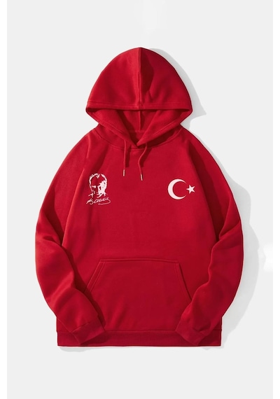 10 Kasıma Özel Üç İplik Kapşonlu Baskılı Sweatshirt - Kırmızı 001