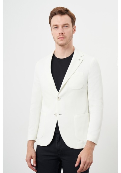 Morven Erkek Beyaz Örme Slim Fit Torba Cep Mono Yaka Spor Ceket Beyaz