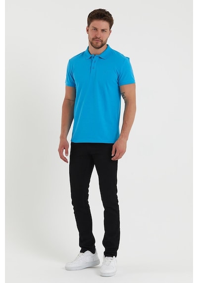 Erkek Regular Fit Polo Yaka Nakışlı T-shirt Mavi