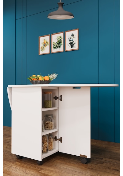 Asra Trend KM-08 %100 MDF 141x72 cm Katlanır Akıllı Mutfak Masası Tekerlekli Servis Masası 2 Çekmeceli Beyaz