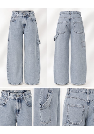 Ymr Moda Tokalı Baggy Kar Yıkama Genç Bayan Kot Pantolon Mavi