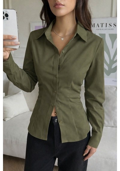 Kadın Arkası Bağcıklı Gömlek Slim Fit Günlük Ve Ofis Kombin Modern Tasarım Haki