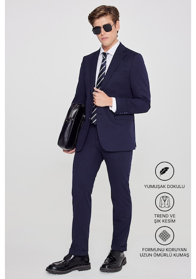 Ac&Co / Altınyıldız Classics Erkek Lacı Slim Fit Dar Kesim Mono Yaka Beli Bağlamalı Kapak Cepli Esnek Takım Elbise