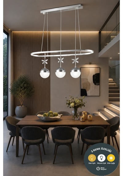 3 Toplu Elips Tasarım Avize - 3 Renk Seçenekli Modern Salon Ve Yemek Masası Sarkıtı Krom