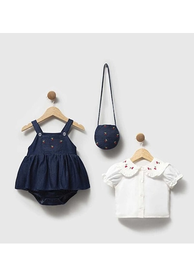 Ministok Cherry Nakış İşlemeli Gömlekli Çanta Aksesuarlı Kız Bebek Romper Lacivert