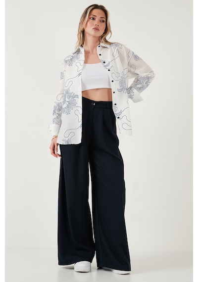 Lela Desenli Regular Fit Uzun Kollu Bayan Gömlek 6773200 Beyaz-Indigo